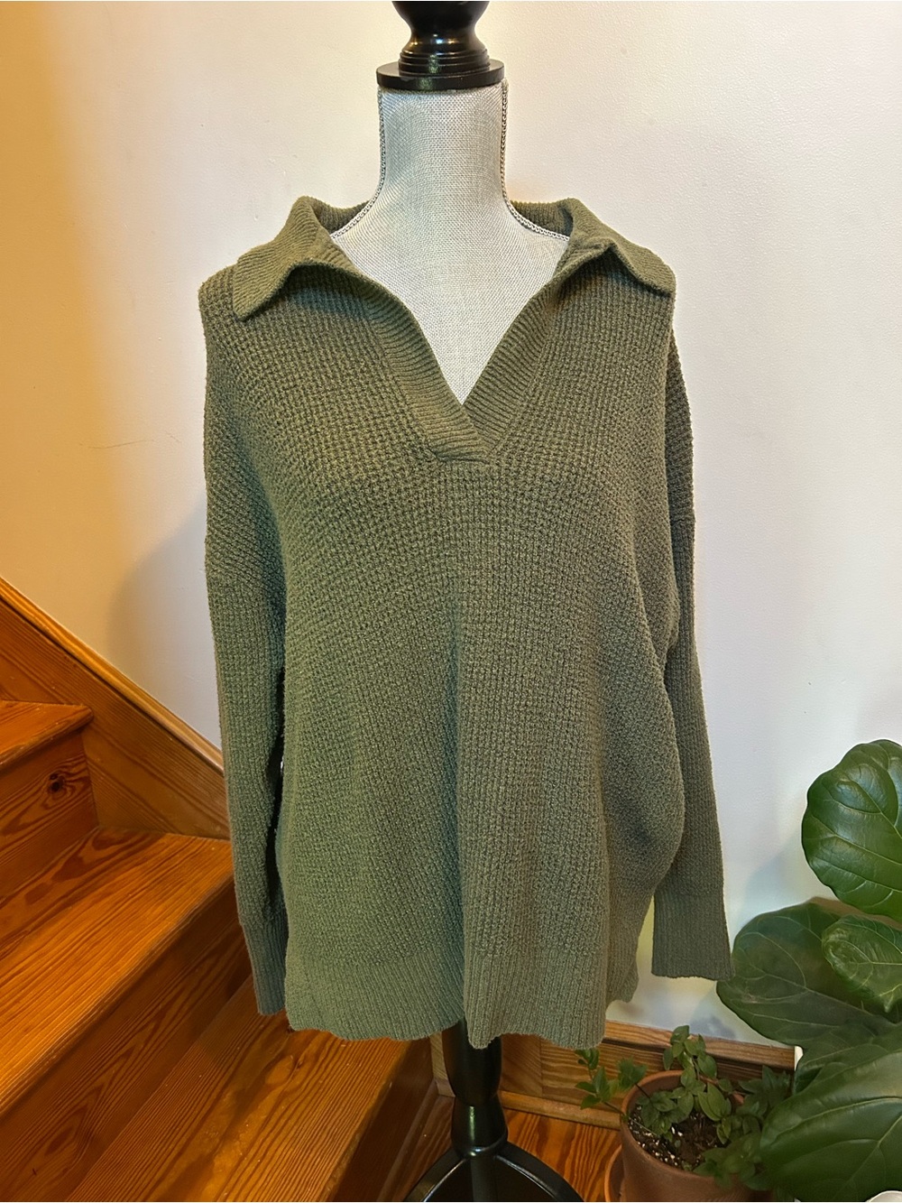 aerie Olive V-Neck Collared Knit Sweater